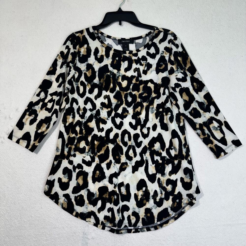 Karen Kane Black Brown Leopard Animal Print Tunic Blouse Size Small 3/4 Sleeve